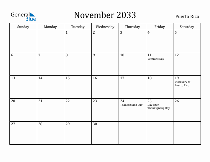 November 2033 Calendar Puerto Rico