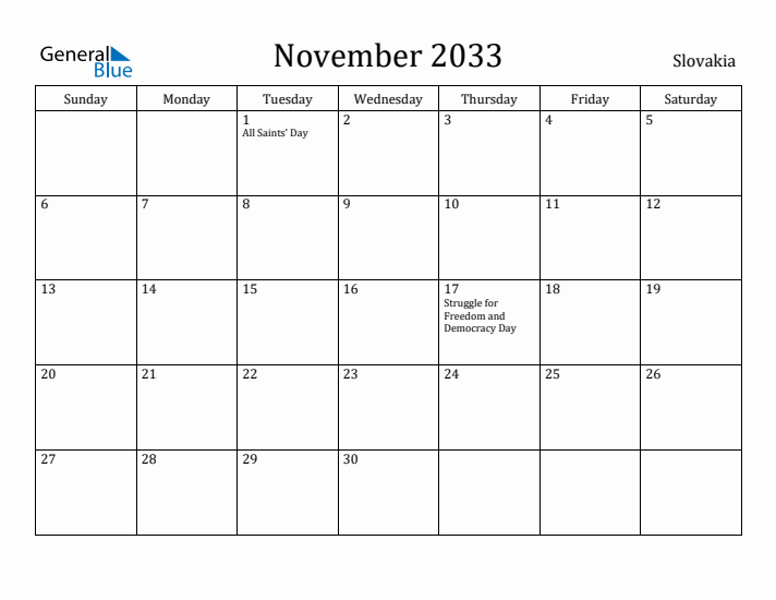 November 2033 Calendar Slovakia