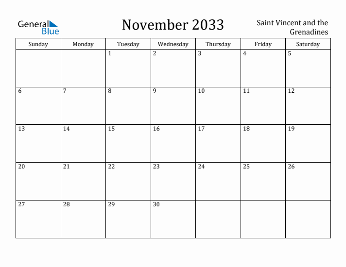 November 2033 Calendar Saint Vincent and the Grenadines