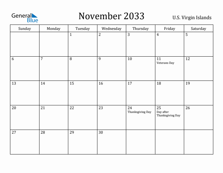 November 2033 Calendar U.S. Virgin Islands