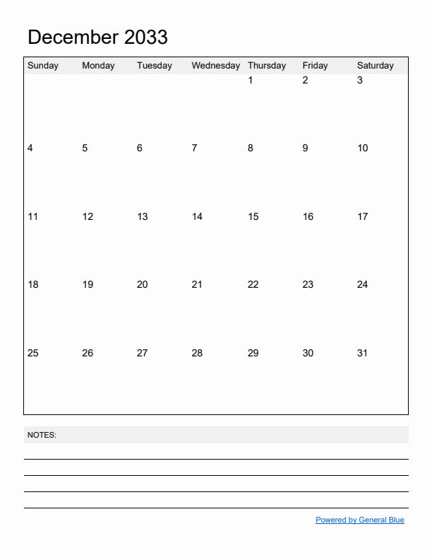 Basic Monthly Calendar Template for December 2033