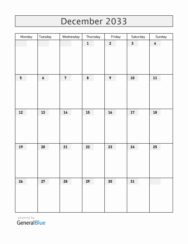 Blank December 2033 Calendar