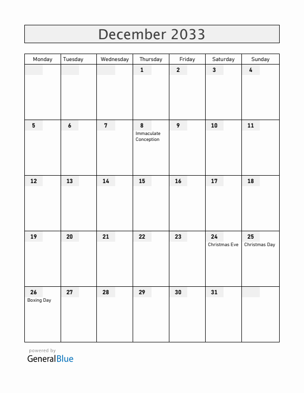 Andorra December 2033 Calendar with Holidays