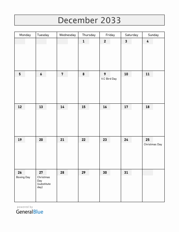 Antigua and Barbuda December 2033 Calendar with Holidays
