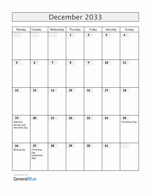 Anguilla December 2033 Calendar with Holidays
