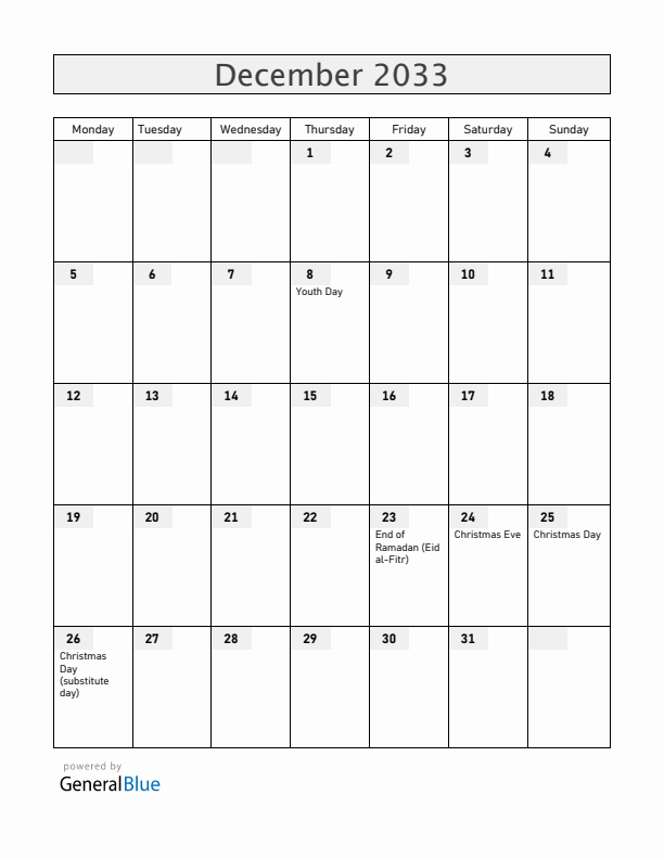 Albania December 2033 Calendar with Holidays