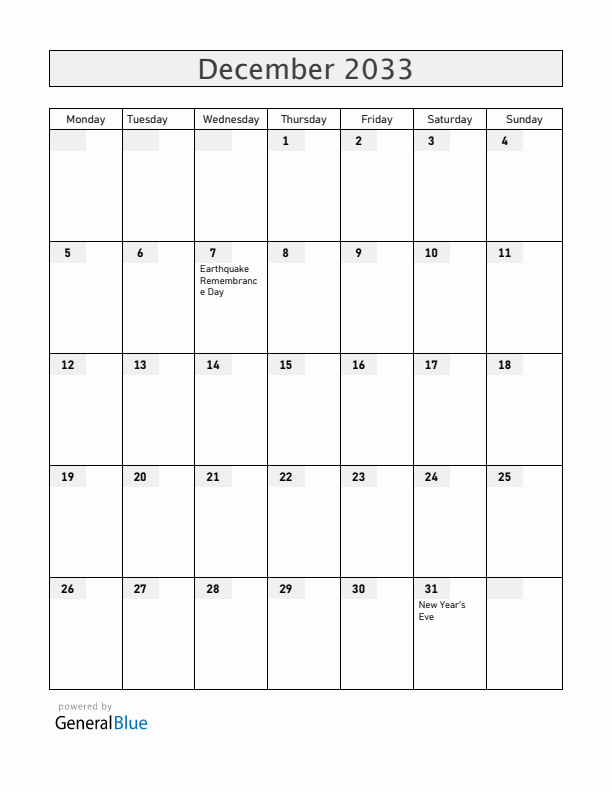 Armenia December 2033 Calendar with Holidays
