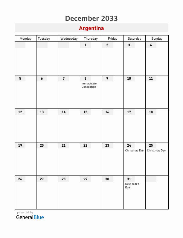 Argentina December 2033 Calendar with Holidays
