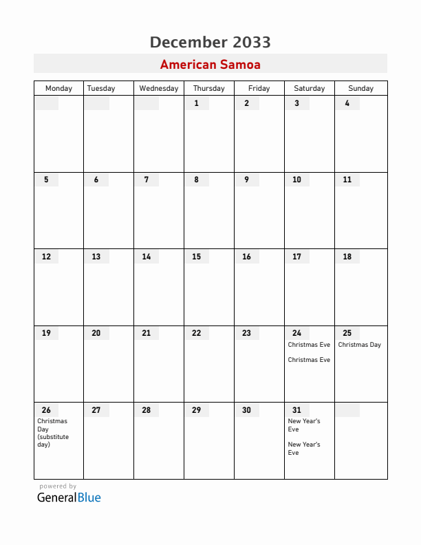 American Samoa December 2033 Calendar with Holidays