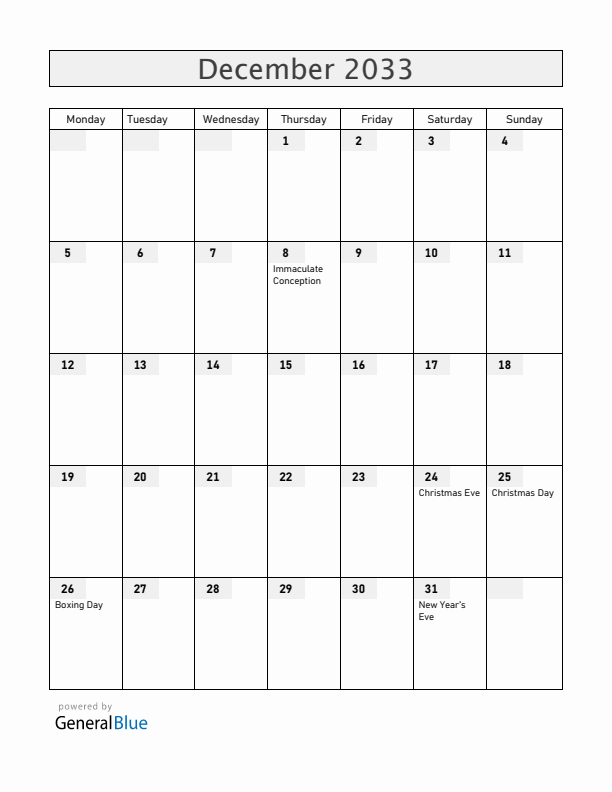 Austria December 2033 Calendar with Holidays