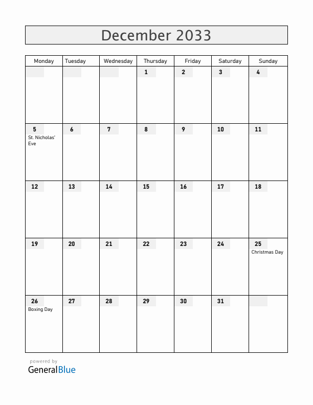 Aruba December 2033 Calendar with Holidays