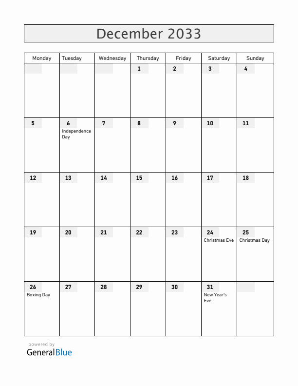 Aland Islands December 2033 Calendar with Holidays