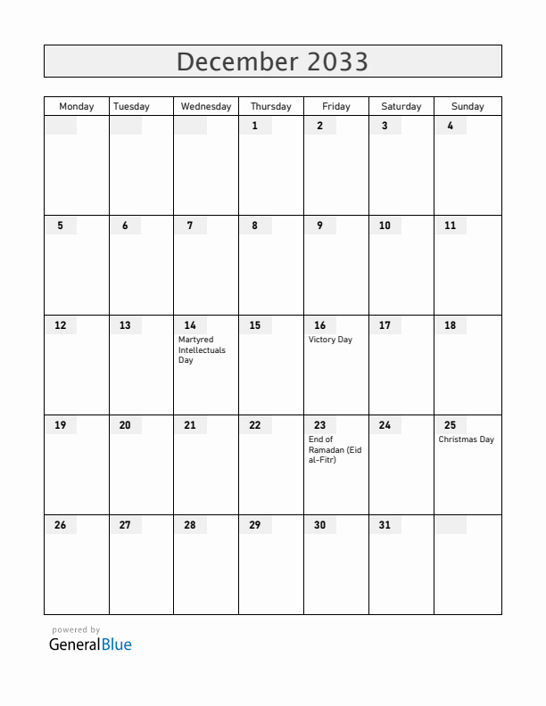 Bangladesh December 2033 Calendar with Holidays