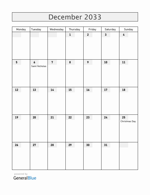 Belgium December 2033 Calendar with Holidays