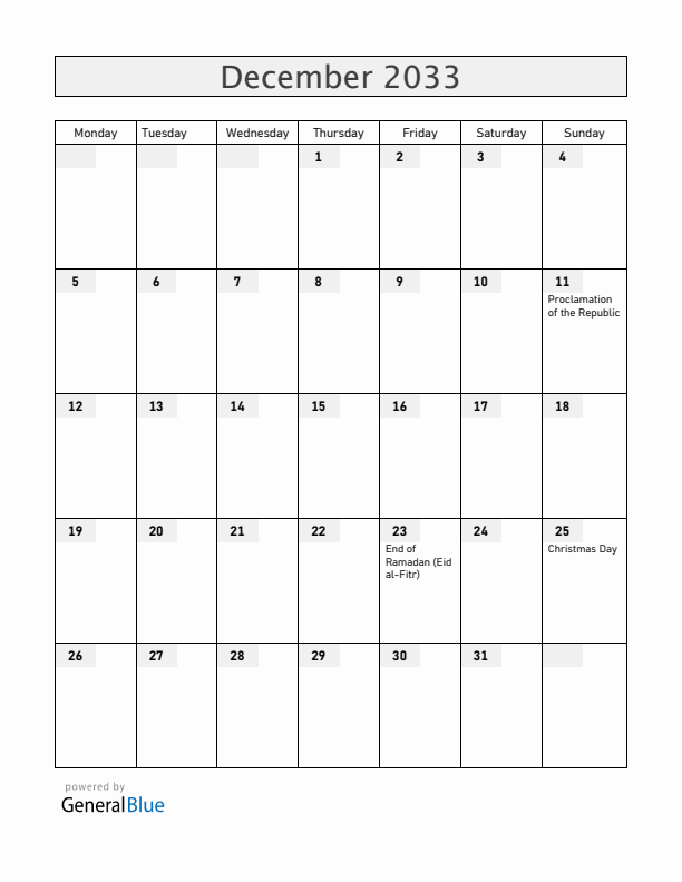 Burkina Faso December 2033 Calendar with Holidays