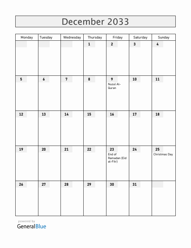 Brunei December 2033 Calendar with Holidays