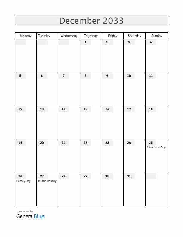 Botswana December 2033 Calendar with Holidays