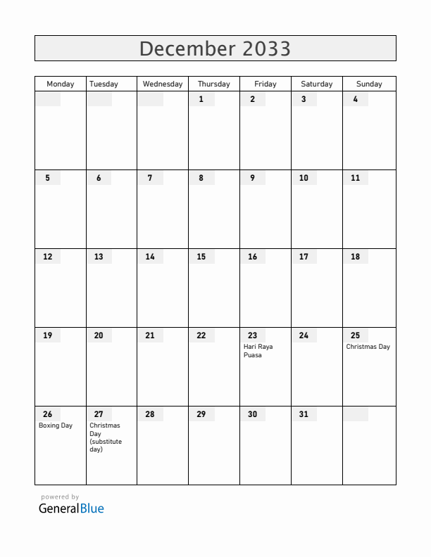 Cocos Islands December 2033 Calendar with Holidays