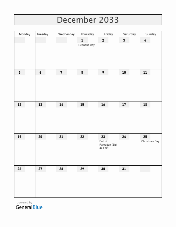 Central African Republic December 2033 Calendar with Holidays