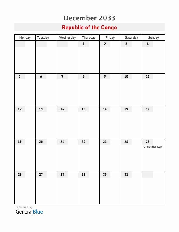 Republic of the Congo December 2033 Calendar with Holidays