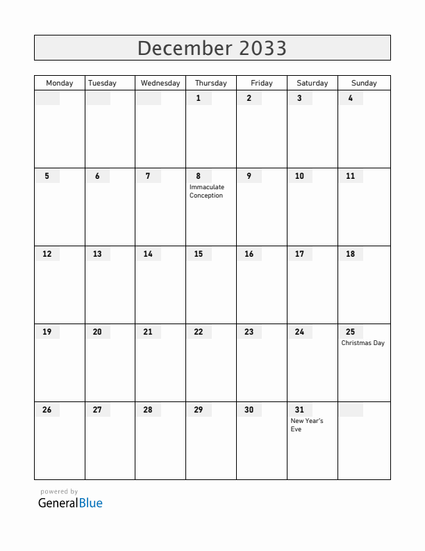 Chile December 2033 Calendar with Holidays