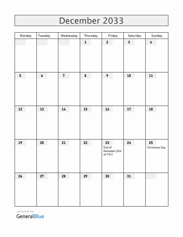 Cameroon December 2033 Calendar with Holidays