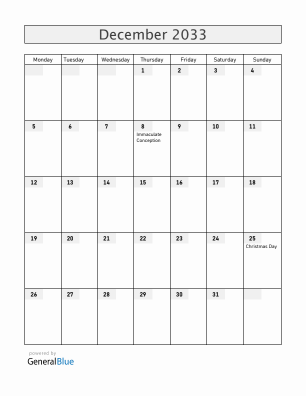 Colombia December 2033 Calendar with Holidays