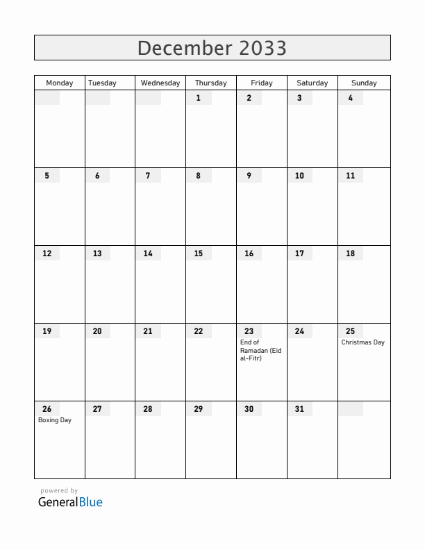 Christmas Island December 2033 Calendar with Holidays