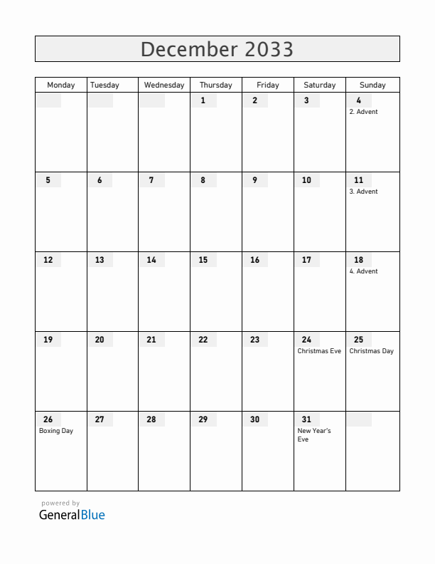 Germany December 2033 Calendar with Holidays