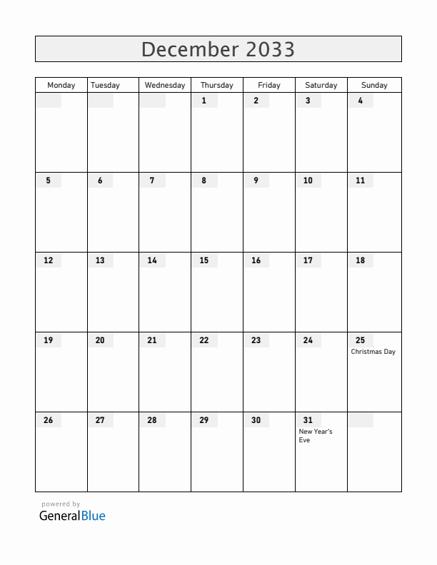 Ecuador December 2033 Calendar with Holidays