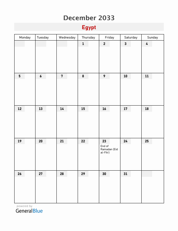 Egypt December 2033 Calendar with Holidays