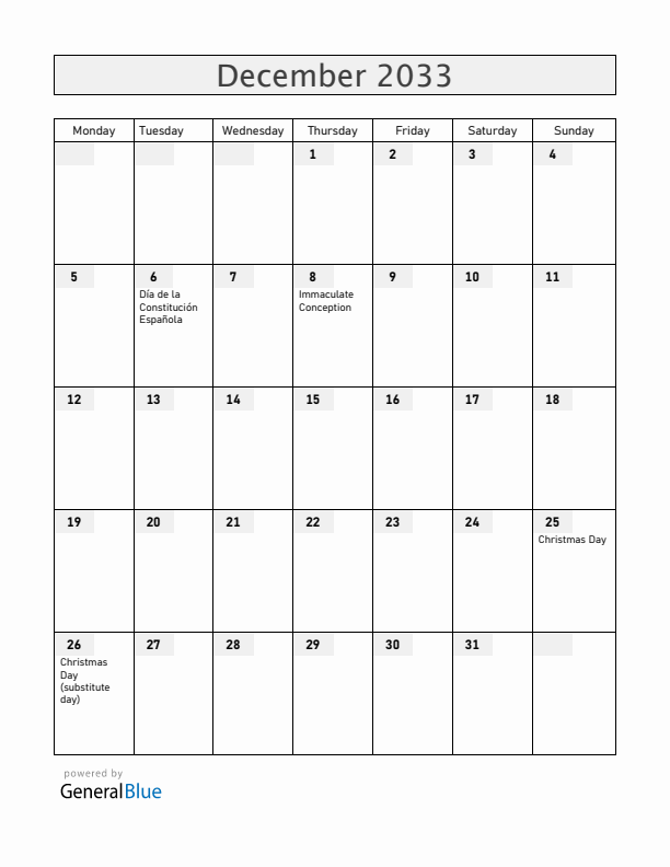Spain December 2033 Calendar with Holidays