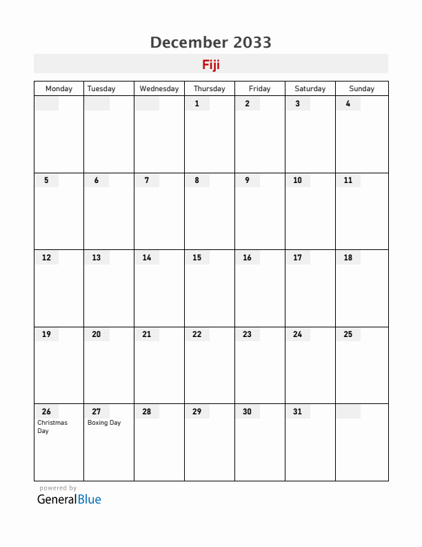 Fiji December 2033 Calendar with Holidays