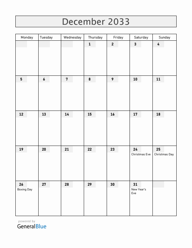 Faroe Islands December 2033 Calendar with Holidays