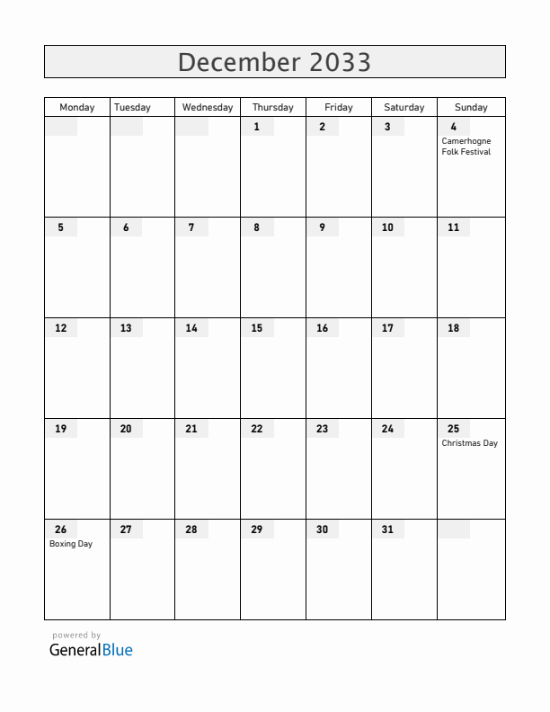 Grenada December 2033 Calendar with Holidays
