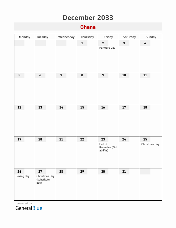 Ghana December 2033 Calendar with Holidays