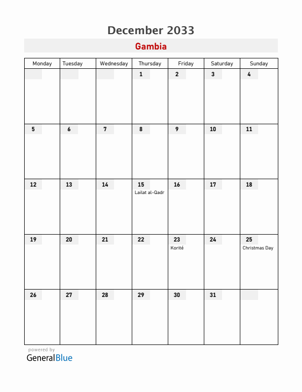 Gambia December 2033 Calendar with Holidays