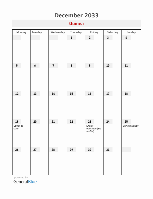 Guinea December 2033 Calendar with Holidays