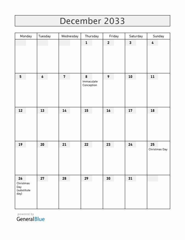 Equatorial Guinea December 2033 Calendar with Holidays