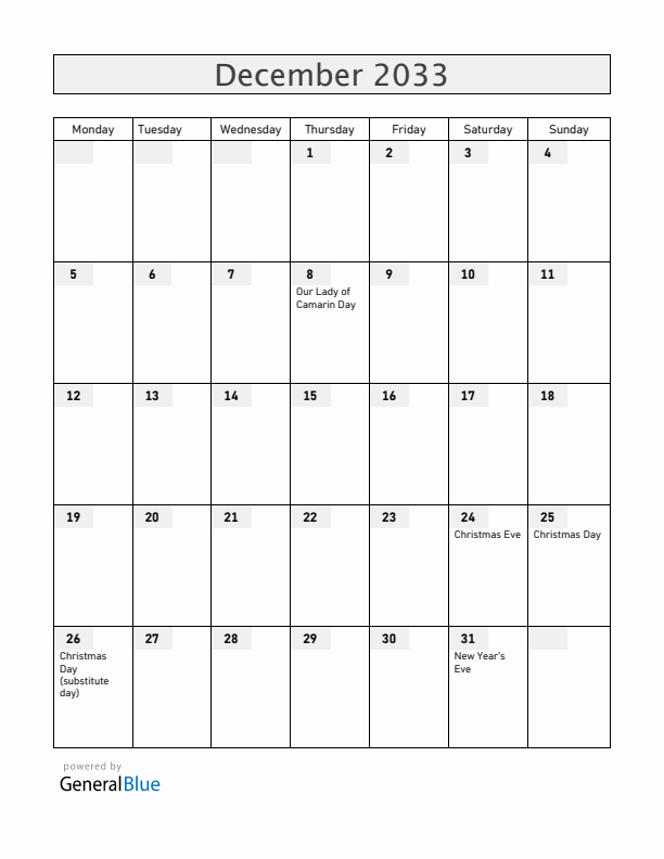 Guam December 2033 Calendar with Holidays