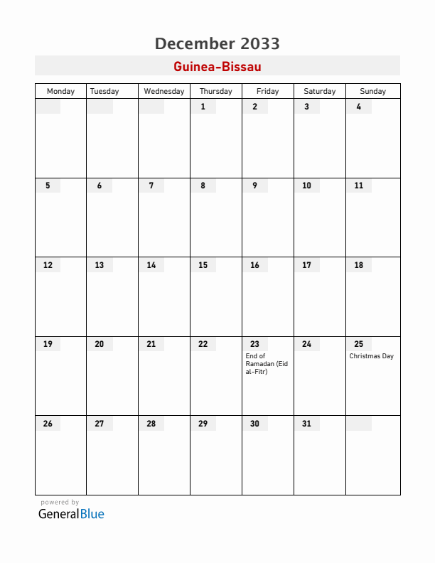 Guinea-Bissau December 2033 Calendar with Holidays