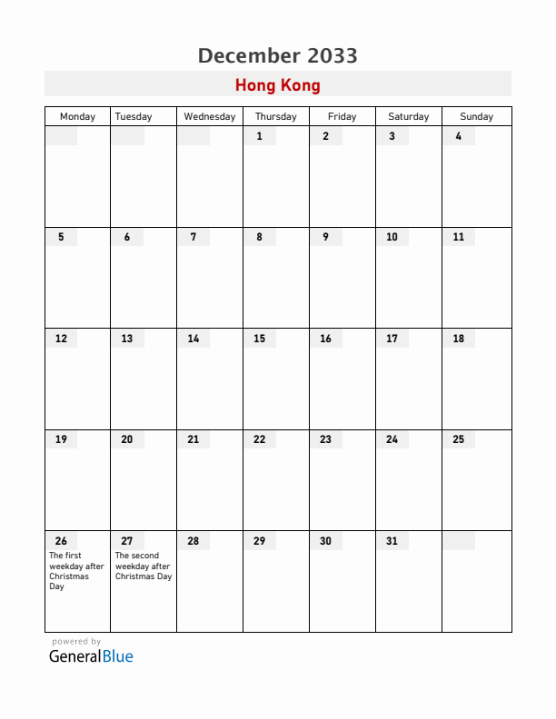 Hong Kong December 2033 Calendar with Holidays