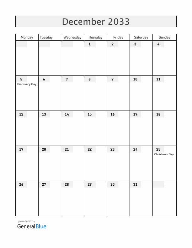 Haiti December 2033 Calendar with Holidays