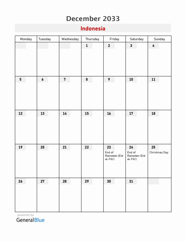 Indonesia December 2033 Calendar with Holidays