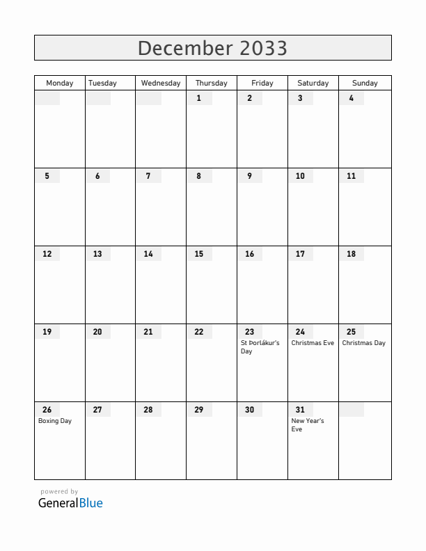 Iceland December 2033 Calendar with Holidays
