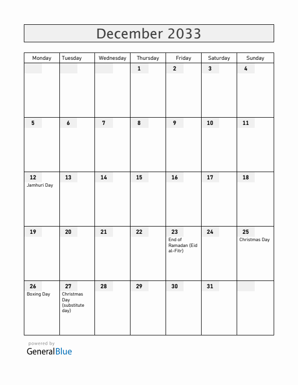 Kenya December 2033 Calendar with Holidays
