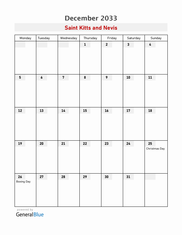 Saint Kitts and Nevis December 2033 Calendar with Holidays