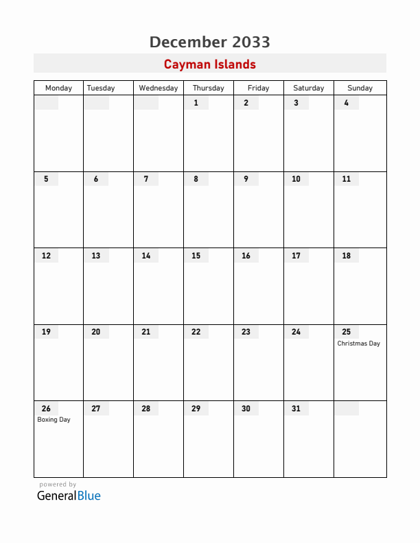 Cayman Islands December 2033 Calendar with Holidays