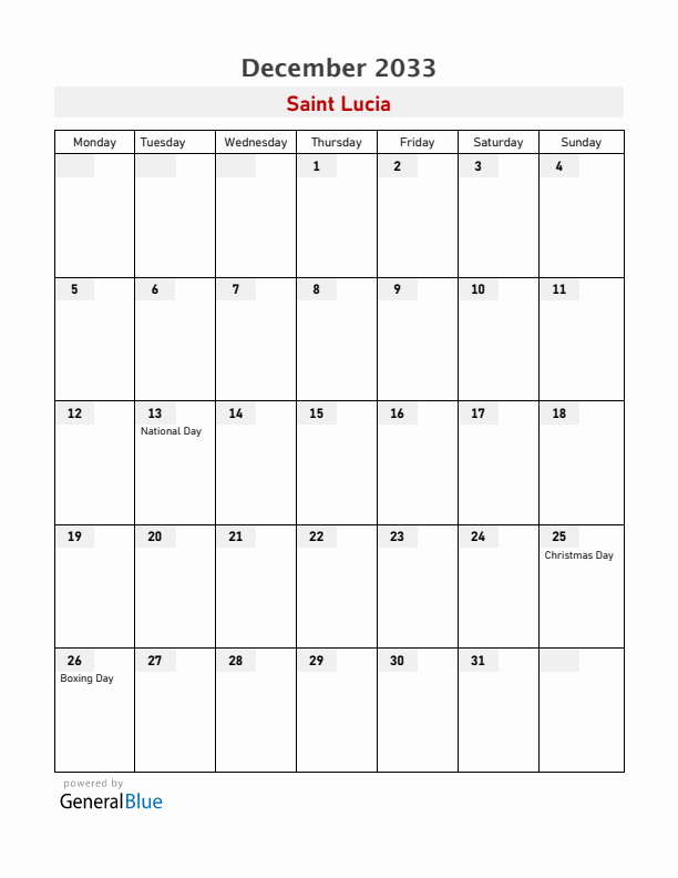 Saint Lucia December 2033 Calendar with Holidays