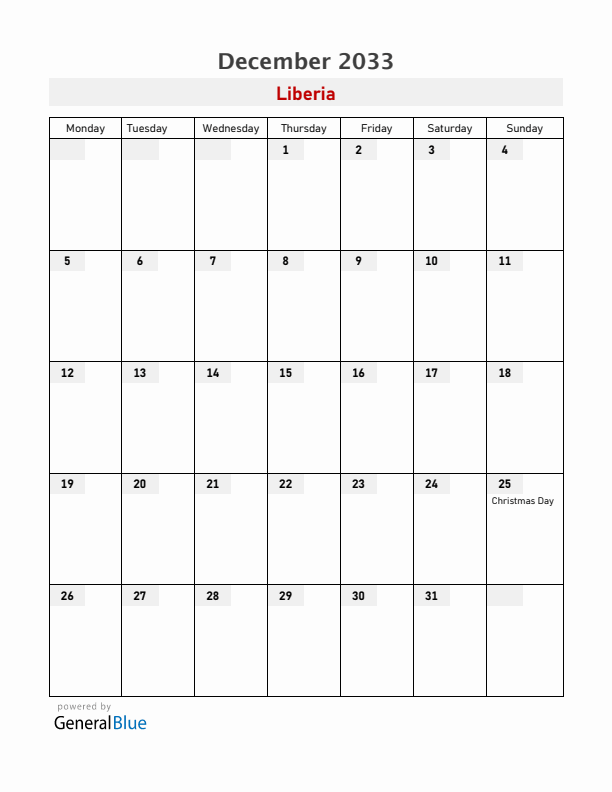 Liberia December 2033 Calendar with Holidays
